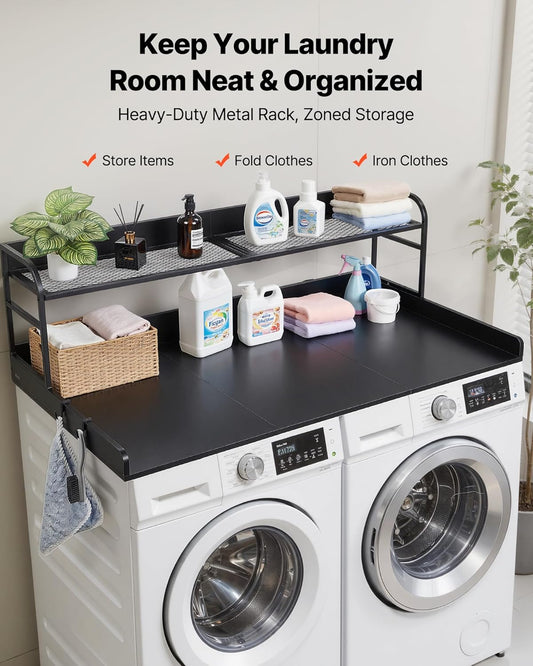 VEVOR Washer Dryer Countertop with 2-Tier Shelf, 54" x 27" Wooden Washer and Dryer Countertop with Anti-Slip Pads, Water-Resistant Laundry Topper Cover for Laundry Room Organization and Storage, Black