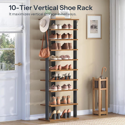 HOOBRO 8 Tiers Vertical Shoe Rack, Wooden Shoe Storage Organizer with Hooks, Narrow Shoe Tower for 8 Pairs, Space Saving, for Entryway, Living Room, Bedroom, Rustic Brown BF07XJ01G1