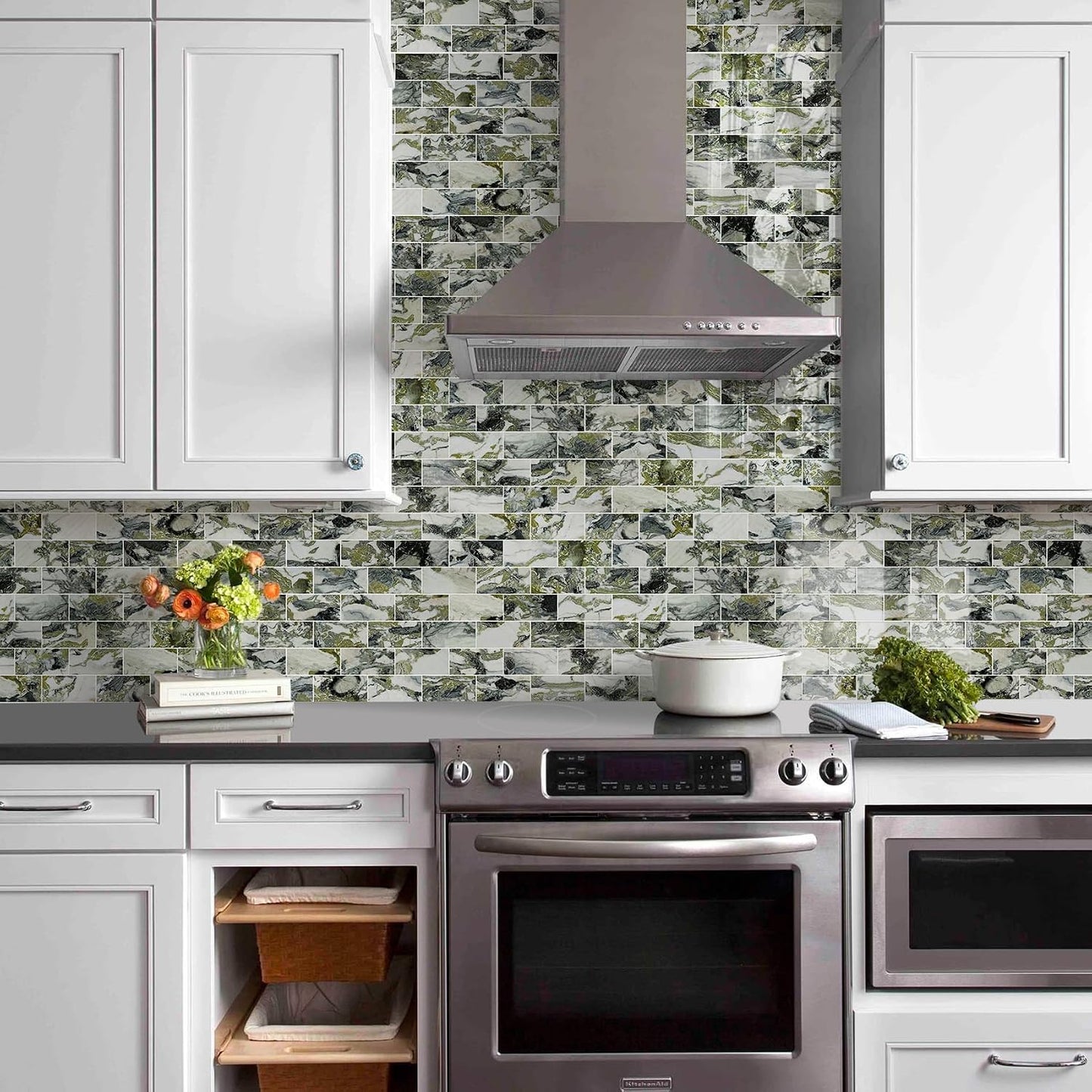 Vamos Tile 100-Piece Glossy Dolomite White Peel and Stick Backsplash Tile,3''x6'' PVC Subway Tile with White Grout, Stick on Backsplash for Kitchen/Bathroom/Fireplace