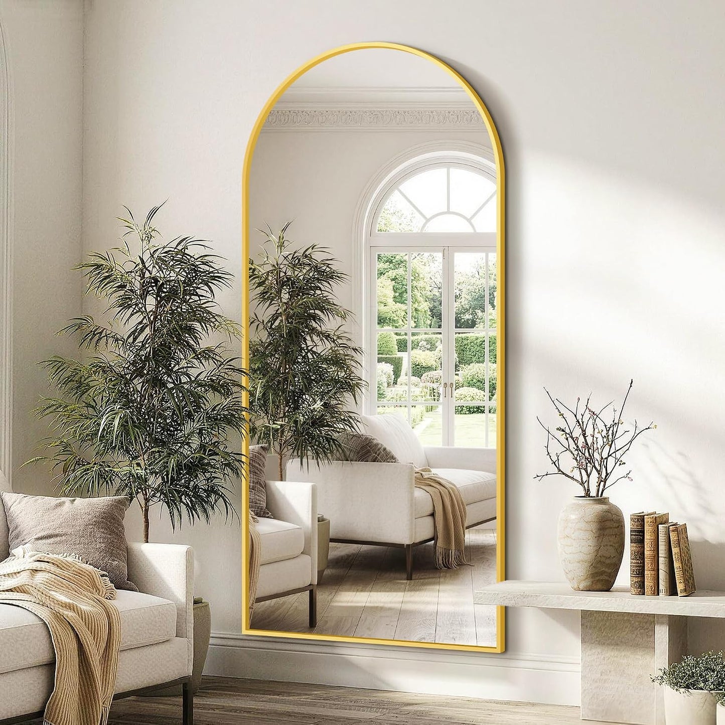 FICTOR Arched Full Length Mirror 15" x 56", Full Body Floor Mirror with Adjustable Stand, Free Standing Mirror with Aluminum Frame for Bedroom, Living Room, Cloakroom, Gold