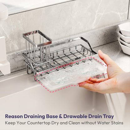 SWTYMIKI Sink Caddy Sponge Holder - Kitchen Sink Organizer with High Brush Holder for Countertop to Hold Dish Soaps and Sponges, Stainless Steel, Black