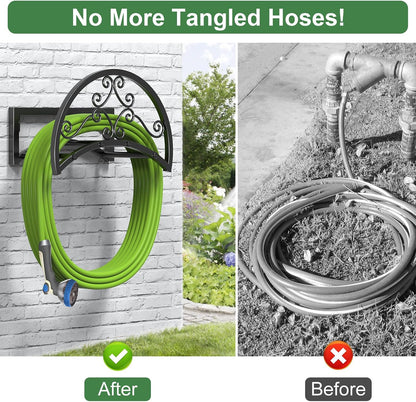 OLV Garden Hose Holder, Heavy Duty Water Hose Holder Wall Mount Holds 125-ft Water Pipe, Decorative Detachable Metal Hose Hanger Storage Organizer Reel Rack for Outside Lawn Yard Farm, Black