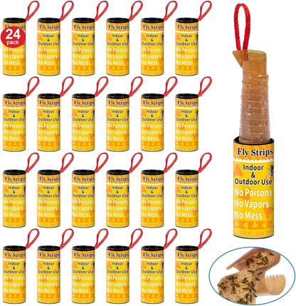 Fly Strips Trap Indoor Sticky Hanging, 24 Pack Fly Paper Traps Outdoor, Flies Tape Paper Ribbon Rolls for Home Kitchen, Fruit & Bug Gnat Catchers for Inside, Killer for Winged Insect