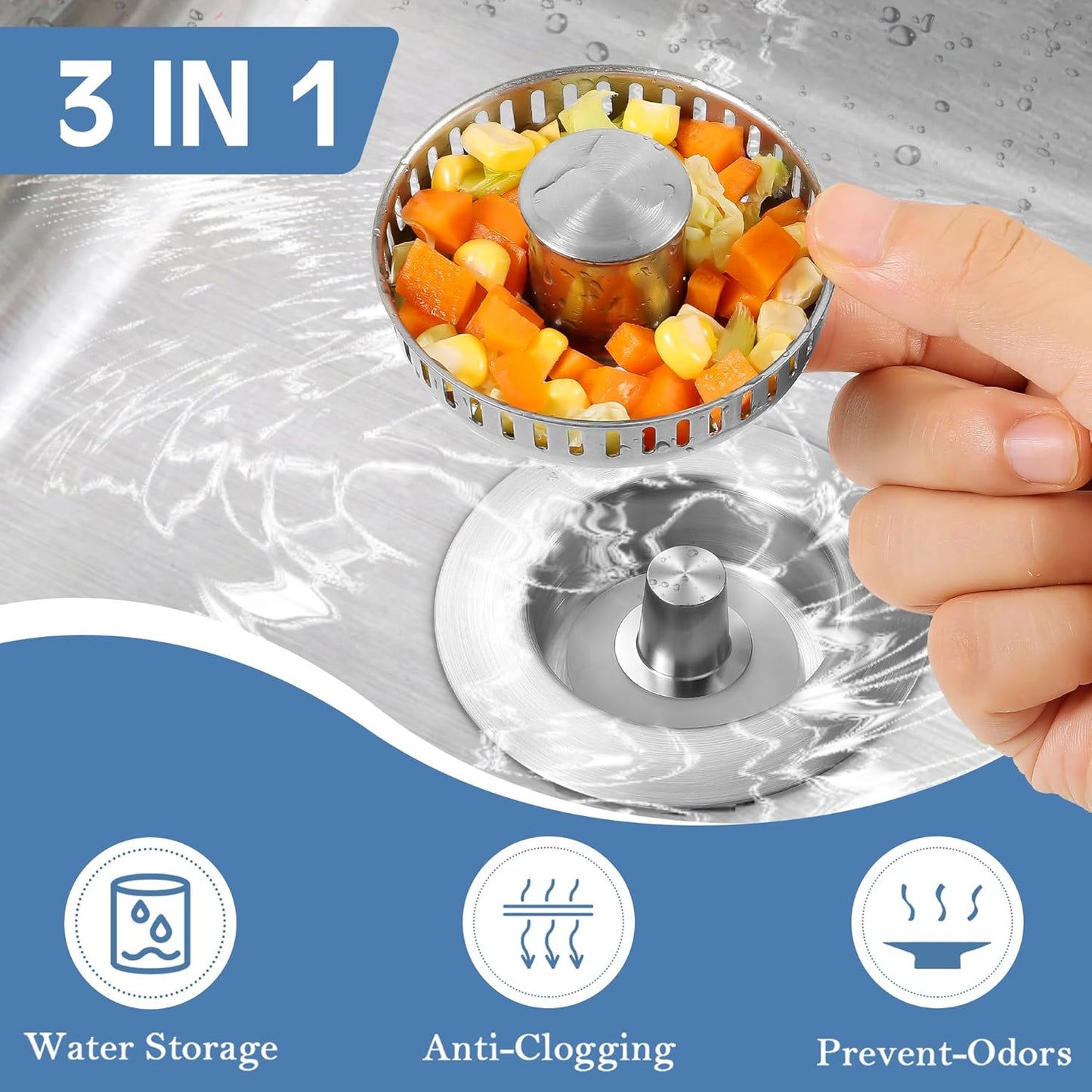 Sink Drain Strainer 3 in 1, 304 Stainless Steel Pop Up Kitchen Sink Stopper with Anti-Clogging Basket, Kitchen Essential Drain Anti-Clog Gadgets, Fits US Standard 3-1/2'' Sink Drain (SUS 304 Brushed)