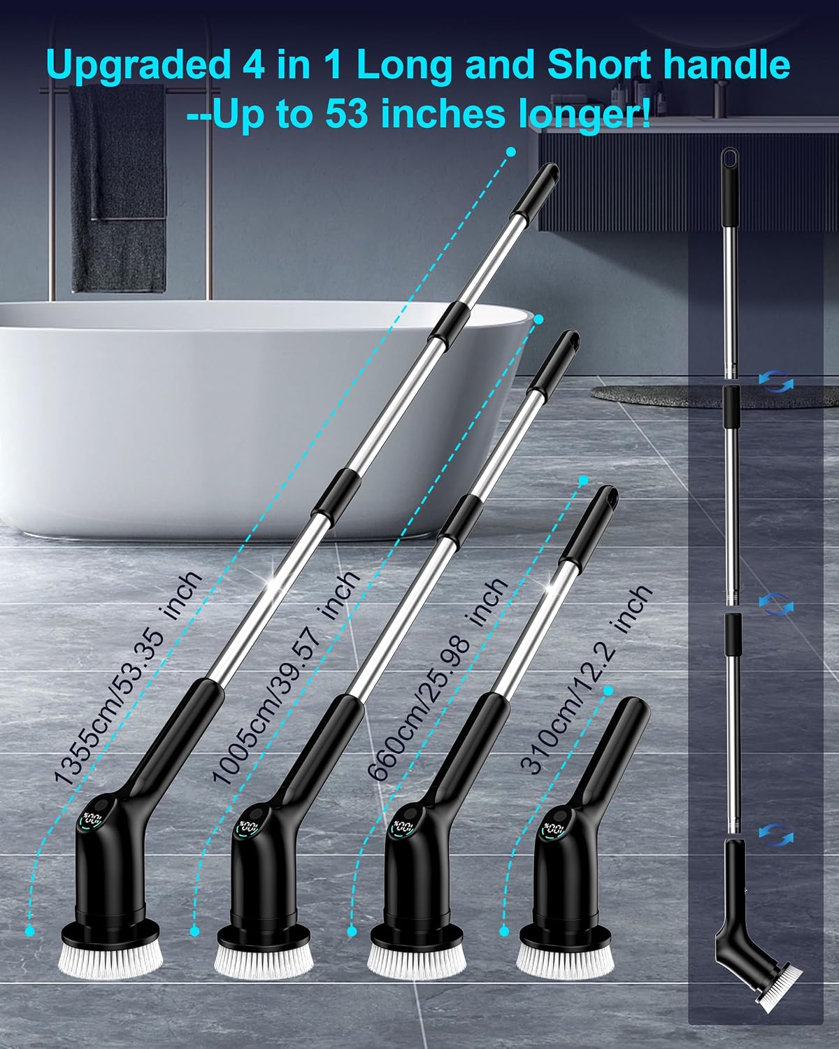 Shower Scrubber with Long Handle, Electric Spin Scrubber for Cleaning Bathroom, Cordless Cleaning Brush with IPX7 Waterproof & 2 Speed, Cleaning Supplies for Shower Tub Kitchen Tile Toilet