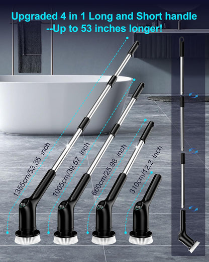 Shower Scrubber with Long Handle, Electric Spin Scrubber for Cleaning Bathroom, Cordless Cleaning Brush with IPX7 Waterproof & 2 Speed, Cleaning Supplies for Shower Tub Kitchen Tile Toilet