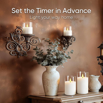 5plots Glass Battery Operated White Flameless Candles with Remote Timer, 3D Wick Real Wax Pillar Led Candles Warm Flickering Light for Indoor Home, Halloween, Christmas Decor, Set of 3, D3 x H4 5" 6"