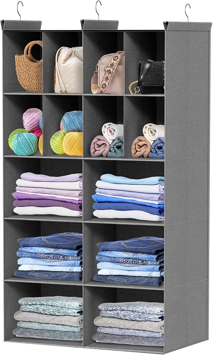 Ofiray-home 6 Tier Hanging Closet Organizer, 16 Compartments Sweater Organizer for Closet with 3 Sturdy Hooks, Closet Organizers and Storage, Wardrobe, Rv, Garment Rack, Grey