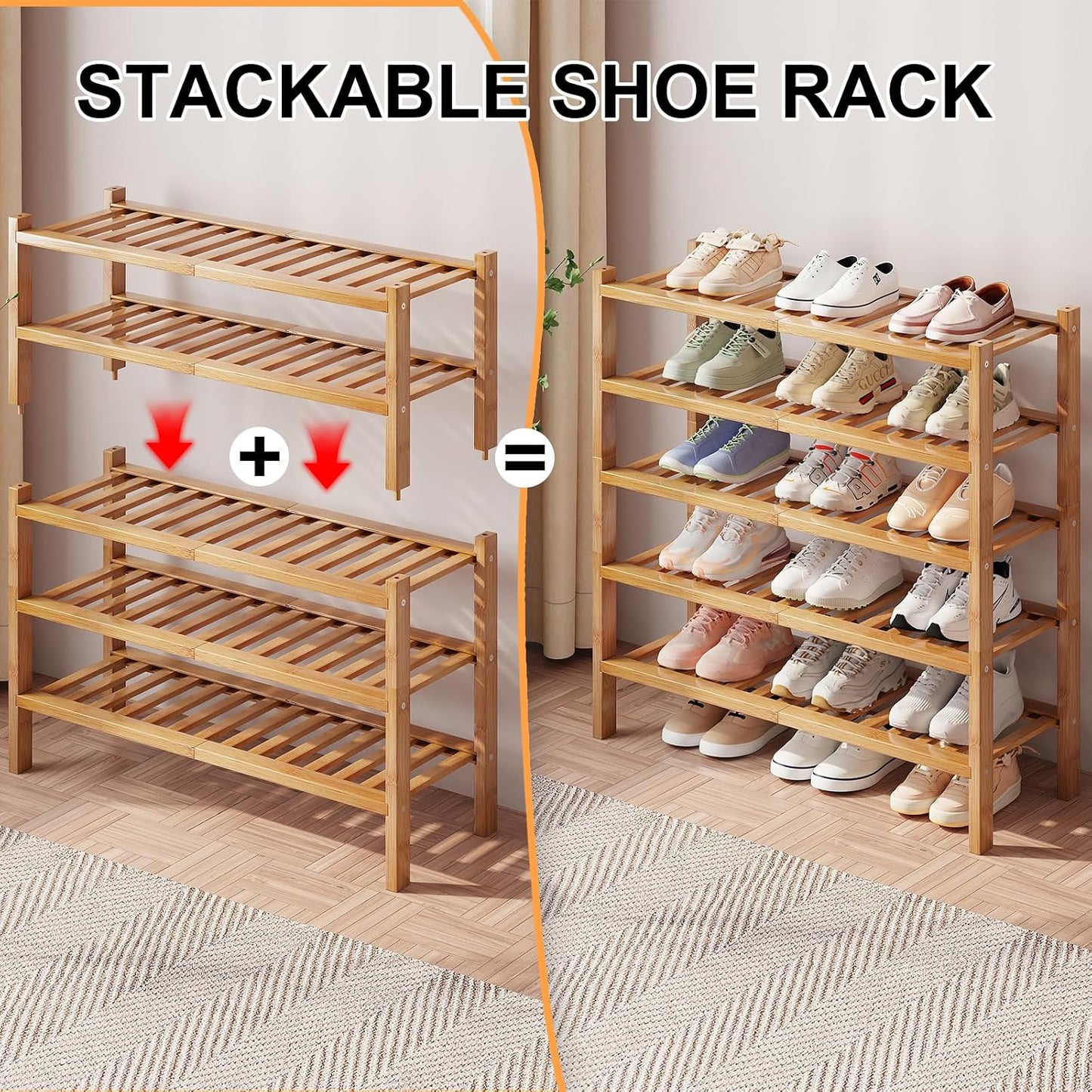 Bamboo Shoe Rack Organizer for Closet and Entryway - Space-Saving Narrow Shoe Stand - Versatile Shoe Holder for Door or Closet Shelf, Garage Bedroom can Freely Stack DIY Small Shoe Racks 3 Tier