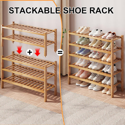 Bamboo Shoe Rack Organizer for Closet and Entryway - Space-Saving Narrow Shoe Stand - Versatile Shoe Holder for Door or Closet Shelf, Garage Bedroom can Freely Stack DIY Small Shoe Racks 3 Tier