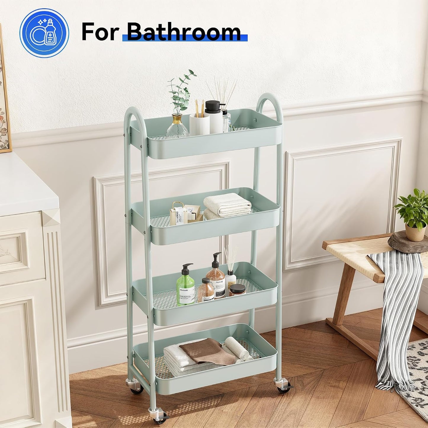 NEWBULIG 3-Tier Rolling Storage Cart, Metal Mobile Utility Organizer Shelf with Lockable Wheels, Space-Saving Freestanding Storage for Bathroom Living Room and Narrow Corner Spaces, Green