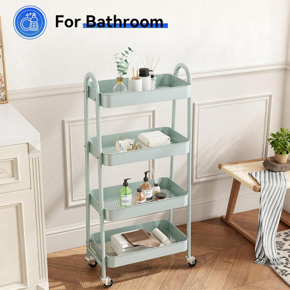 NEWBULIG 3-Tier Rolling Storage Cart, Metal Mobile Utility Organizer Shelf with Lockable Wheels, Space-Saving Freestanding Storage for Bathroom Living Room and Narrow Corner Spaces, Green