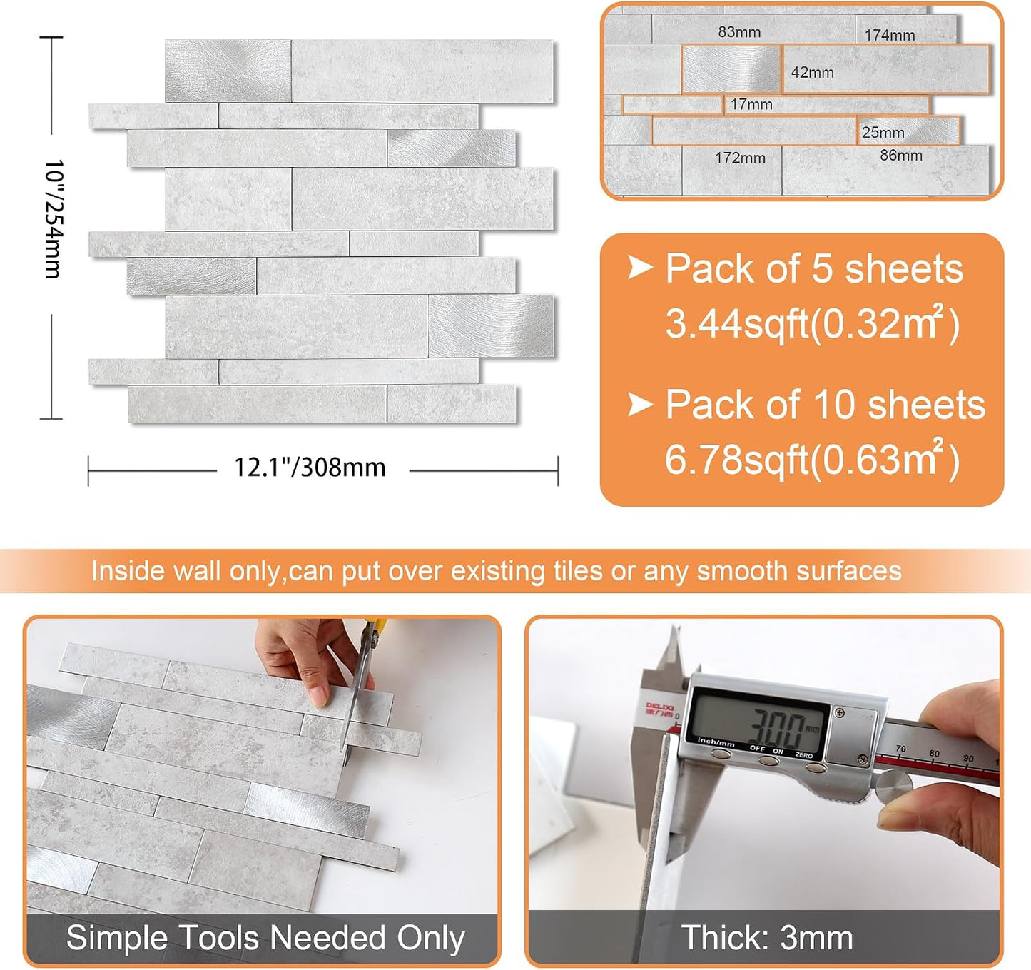 VAOVI Backsplash Tile Peel and Stick Kitchen Stone Subway Linear Mosaic Bathroom Shower Wall Waterproof(10pcs,Gray)