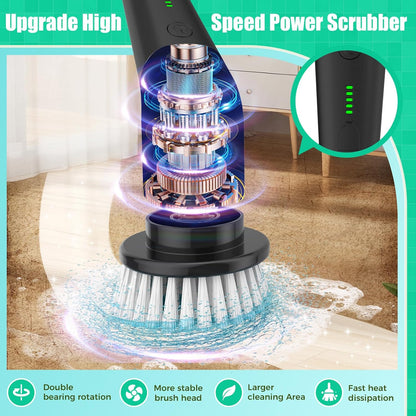 YKYI Electric Spin Scrubber, Cordless Power Scrubber Cleaning Tool with 8 Replaceable Heads and Extension Handle for Bathroom, Tub, Tile, Floor, Grout and Car (White)