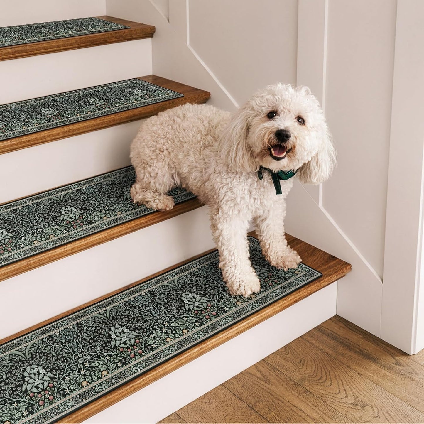 OJIA Floral Stair Treads Non-Slip Stair Runner for Wooden Steps Indoor 15PCS 30"x8" Carpet Stair Treads Stair Mats Staircase Step Treads for Kids, Elders and Dogs, Stair Covers, Black