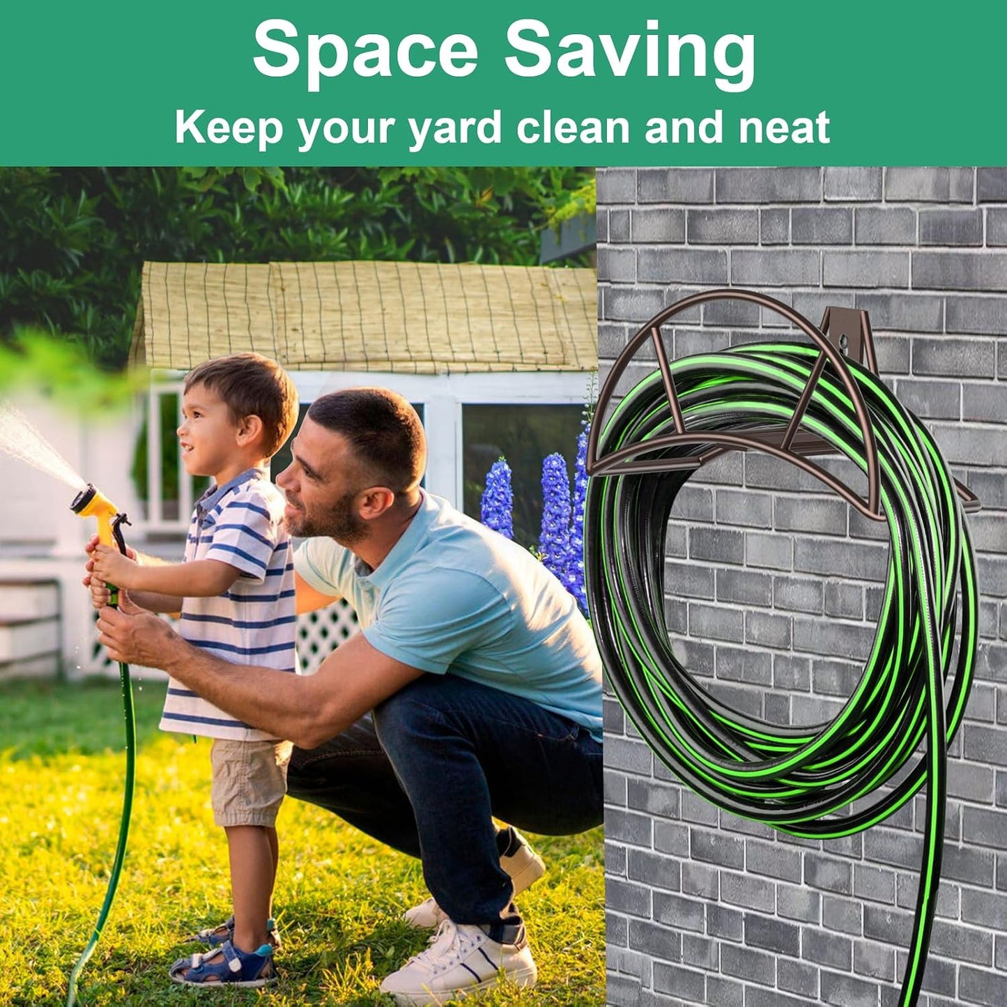 TomCare Garden Hose Holder Wall Mount Metal Water Hose Holder Holds 150Ft Hoses Heavy Duty Hose Hanger Sturdy Hoses Storage Organizer for Outside Yard Garden, Black