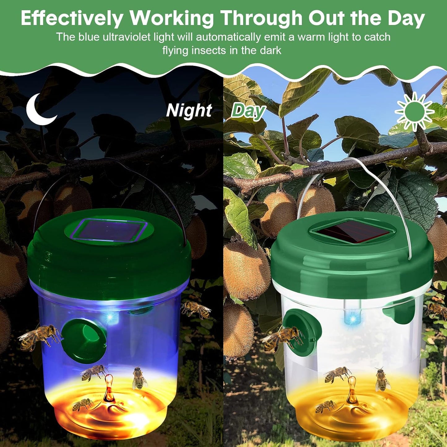 Wasp Trap Solar Powered Bee Trap Reusable Fly Traps Outdoor Hanging Wasp Killer with UV LED Light Flying Insects Bee Killer for Indoor Outside Patio Garden Home (6, Yellow)