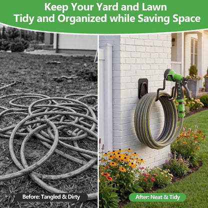 Heavy Duty Garden Hose Holder Wall Mount - Gloss Black Rust-Resistant Metal Hanger with Nozzle Slot, PVC Coated for Indoor/Outdoor Use
