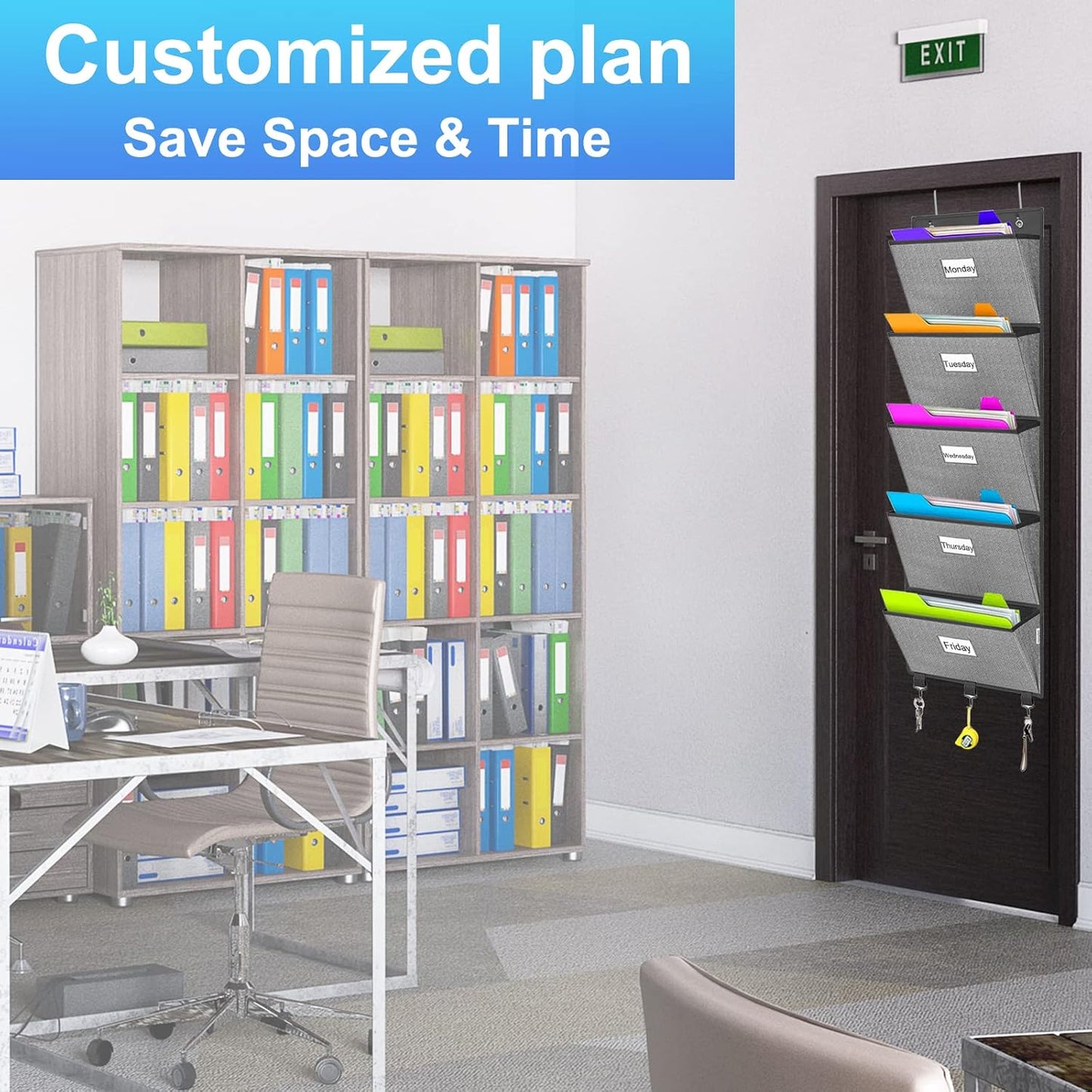 homyfort Over the Door File Organizer, Wall Hanging File Folders with 5 Large Pocket for Mails, Magazines, Back to School Supplies,Office Chart Storage, Paper Organization (Grey)