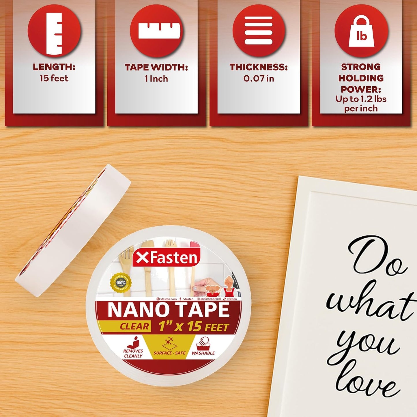 XFasten Reusable Double-Sided Nano Tape, 1.5-Inch x 20 Feet, Clear, Movable and Washable Double-Sided Gel Mat Grip Adhesive Putty Brick Tape | Bathroom, Kitchen Silicone Grip Nano Mounting Tape