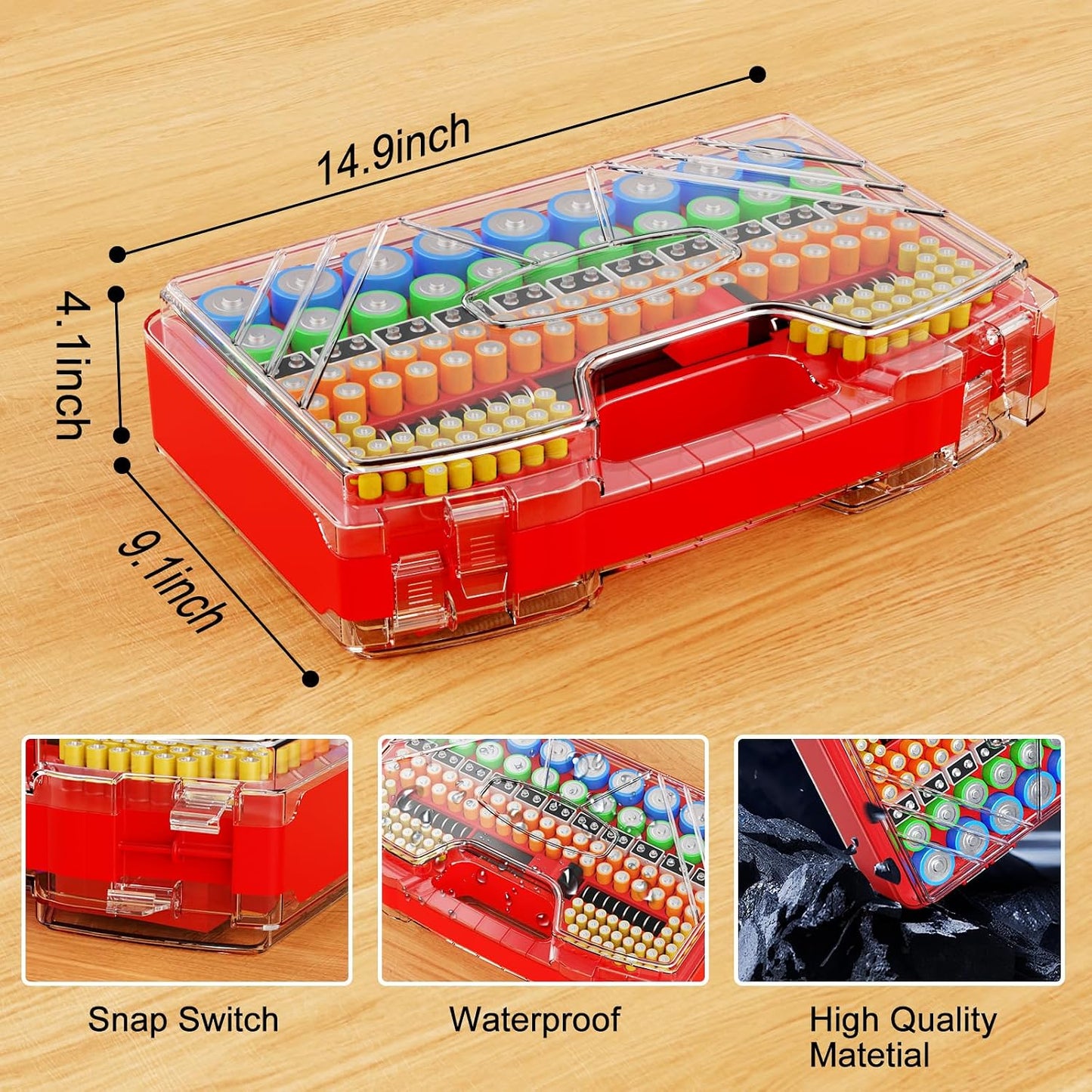 Battery Organizer Storage Holder Box Case with Tester, New Ultra-Large 285+Batteries Double-Sided Variety Pack, Holds AA AAA 4A C D Button Cell 9V 3V Lithium18650 CR2 CR123 CR1632 LR44 (Red)