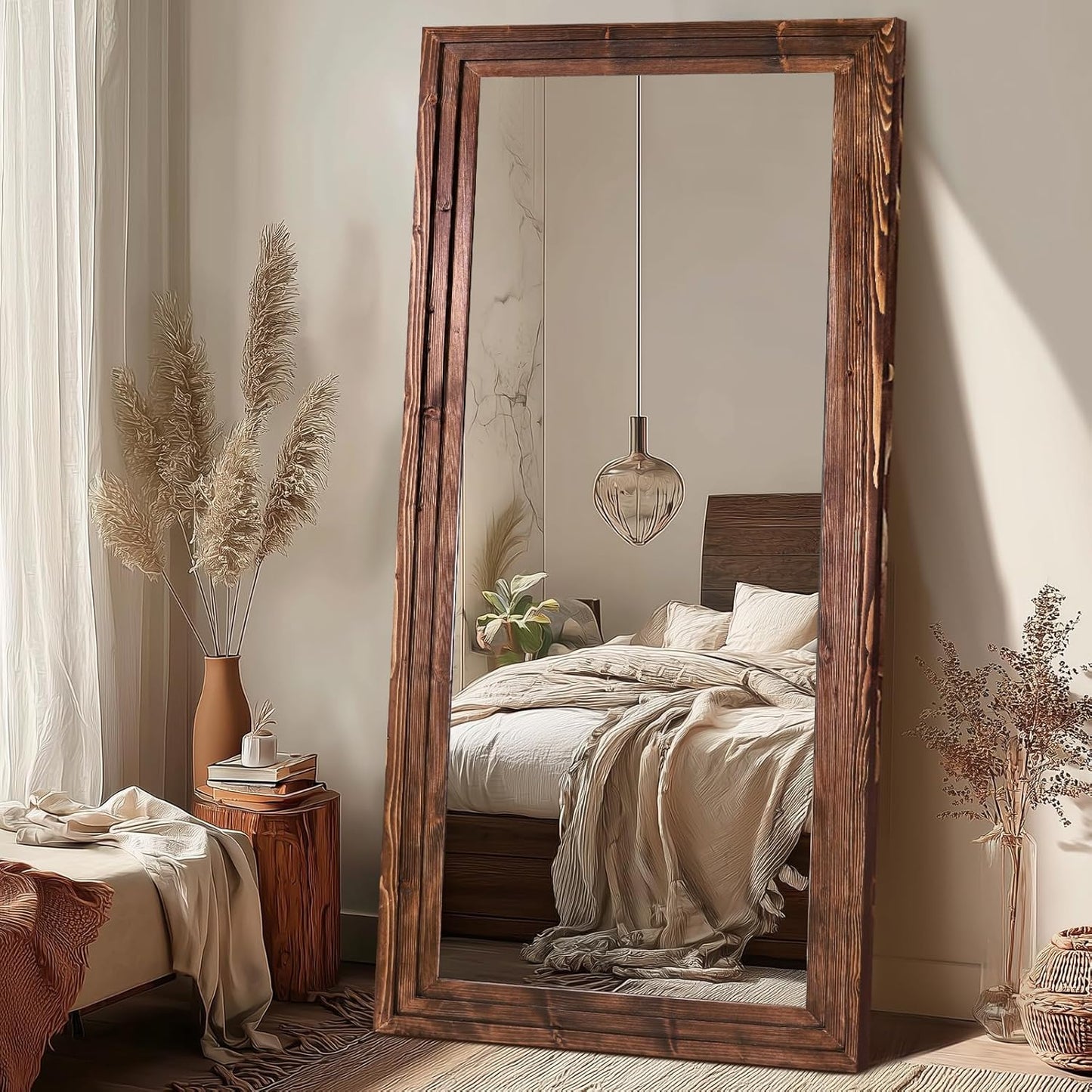 65"x22" Full Length Mirror Solid Wood Frame Floor Mirror with Stand for Living Room, Bedroom Hanging Standing or Leaning, Brown