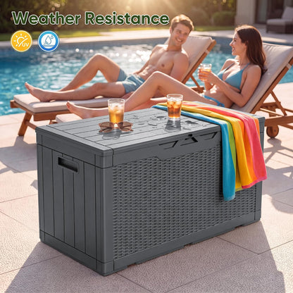 Flamaker Outdoor Storage Box 80 Gallon Resin Waterproof Deck Box Delivery Box with Wood Texture Large Storage Bin for Patio Cushions, (Grey)