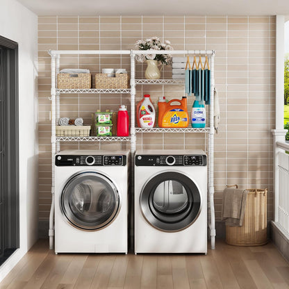 ULIFHOME U14 Over Washer and Dryer Storage Shelves, 4 Tiers Laundry Room Storage and Organizer System, Space Saving Clothes Drying Rack with 2 Clothes Hanger Rods, 66.5" W x 20.5" D x 77.4" H, Black