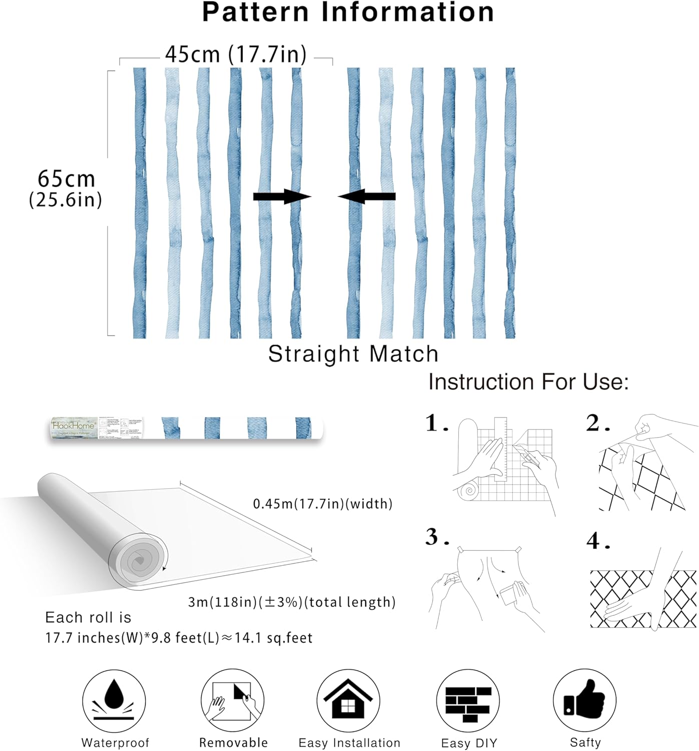 HAOKHOME Blue Wallpaper Peel and Stick Wall Paper Striped Coastal Boho Removable Indigo Blue/White Vinyl Self Adhesive for Bathroom Decor 17.7in x 32.8ft