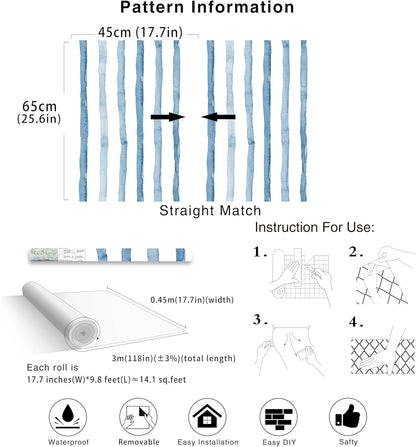 HAOKHOME Blue Wallpaper Peel and Stick Wall Paper Striped Coastal Boho Removable Indigo Blue/White Vinyl Self Adhesive for Bathroom Decor 17.7in x 32.8ft