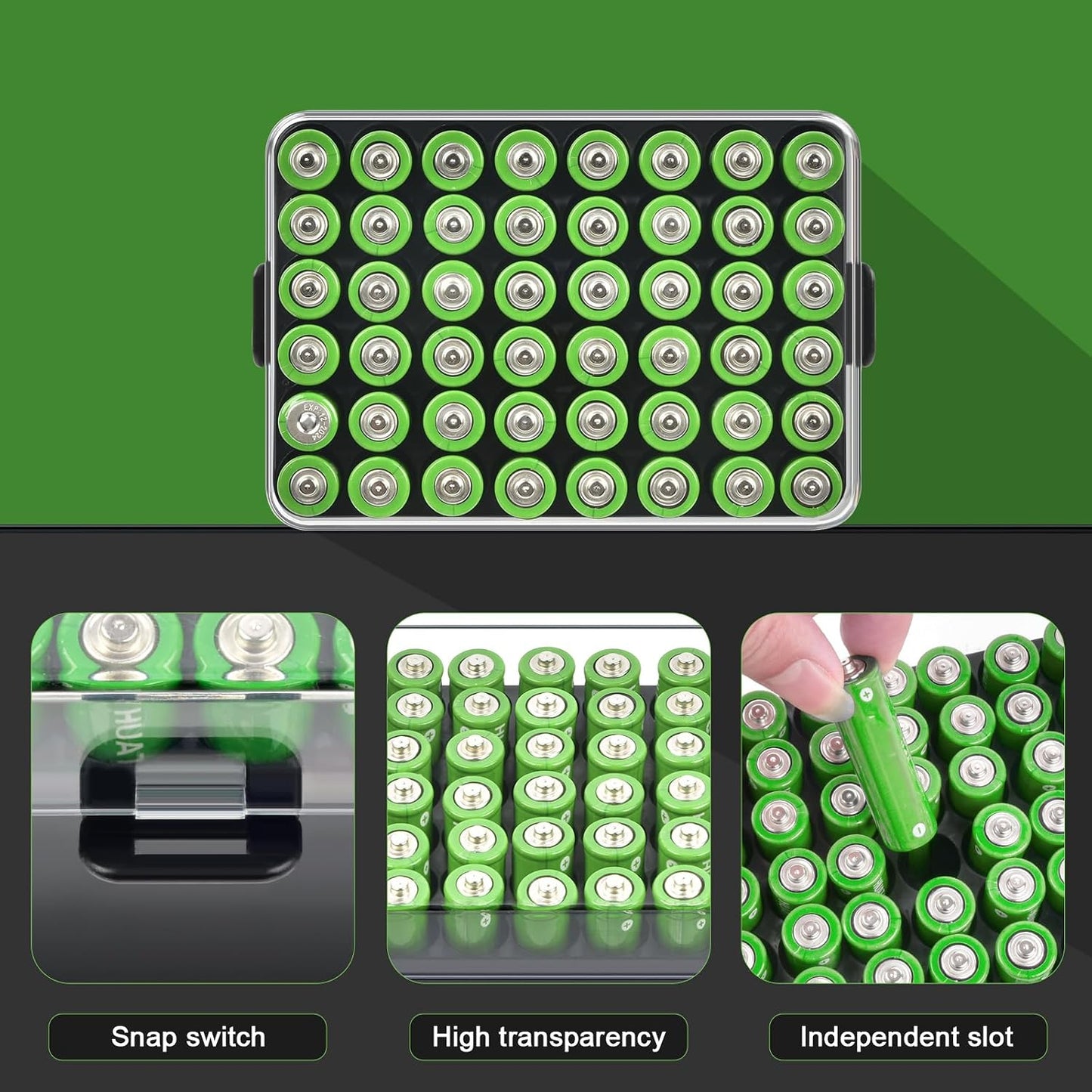 ALCYON Battery Organizer Storage Case, Battery Vault Box Container for 48pcs AA Batteries, Plastic Clear Protective Battery Holder for Travelling/Home/Office (Black, Large)