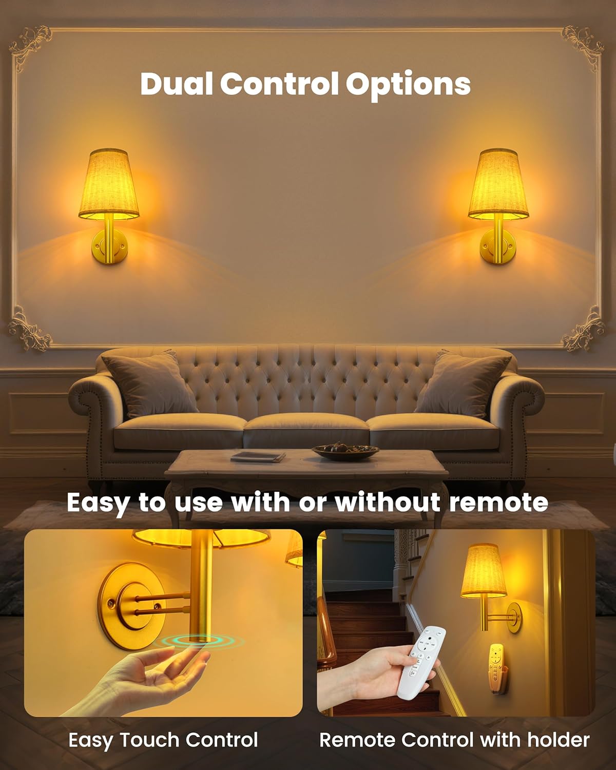 TECOMLIGHT Battery Operated Wall Sconces Lights for Bedroom Set of 2, Wireless Rechargeable LED Wall Lamp with Remote & Touch Control, Wall Mount Lighting Fixture for Living Room, Satin Gold