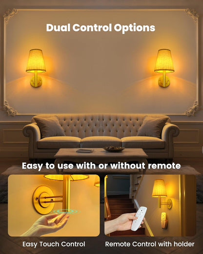 TECOMLIGHT Battery Operated Wall Sconces Lights for Bedroom Set of 2, Wireless Rechargeable LED Wall Lamp with Remote & Touch Control, Wall Mount Lighting Fixture for Living Room, Satin Gold