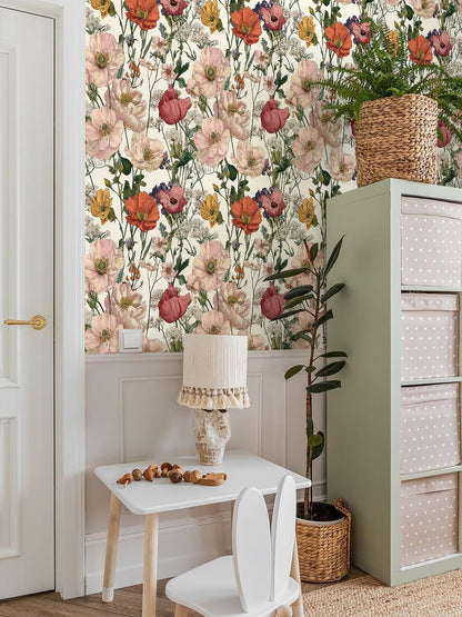 Orainege Pink Floral Peel and Stick Wallpaper Removable Self Adhesive Wallpaper 16.9inx118.1in Modern Wall Paper for Bedroom Bathroom Green Leaf Contact Paper for Cabinets