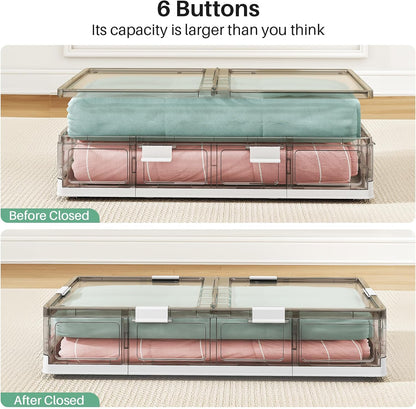 Kitstorack Clear Plastic Under Bed Storage Containers Bins with Lids and 8 Pre-installed Wheels,37.8 Qt, Rolling Foldable Flat Under Bed Organizer Boxes for Clothes Shoes Clothing Bedroom