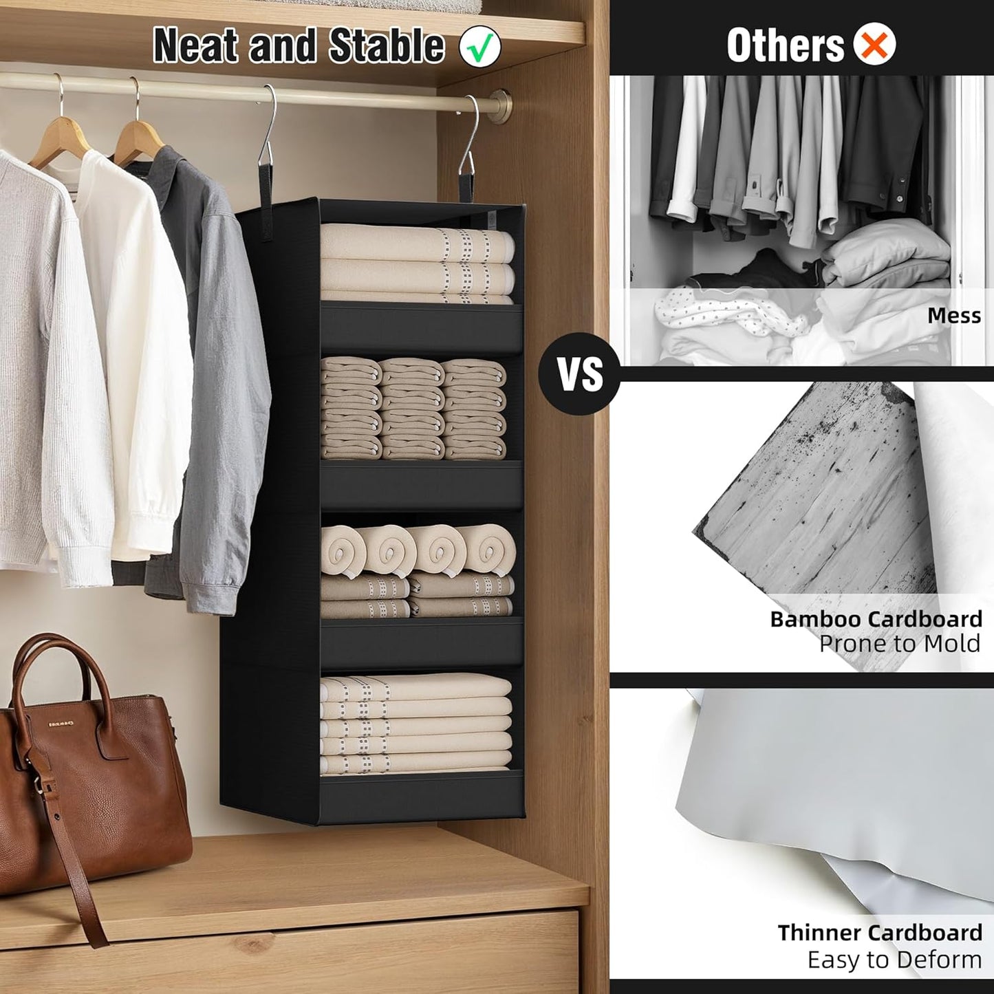 GRANNY SAYS 3-Shelf Hanging Closet Organizer and Storage, Collapsible Hanging Closet Shelves, Hanging Organizer for Closet & RV, Gray, 29 ½" H X 12" W X 12" D, 1-Pack