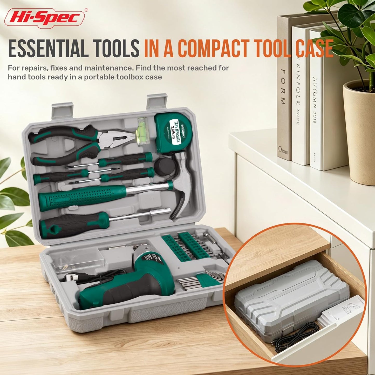 Hi-Spec 4V Electric Screwdriver Tool Kit Set. Cordless USB Rechargeable Screwdriver with Home Repair Tools. 42pc Compact Portable Case, DIY Kit for Beginners and the Household - Green