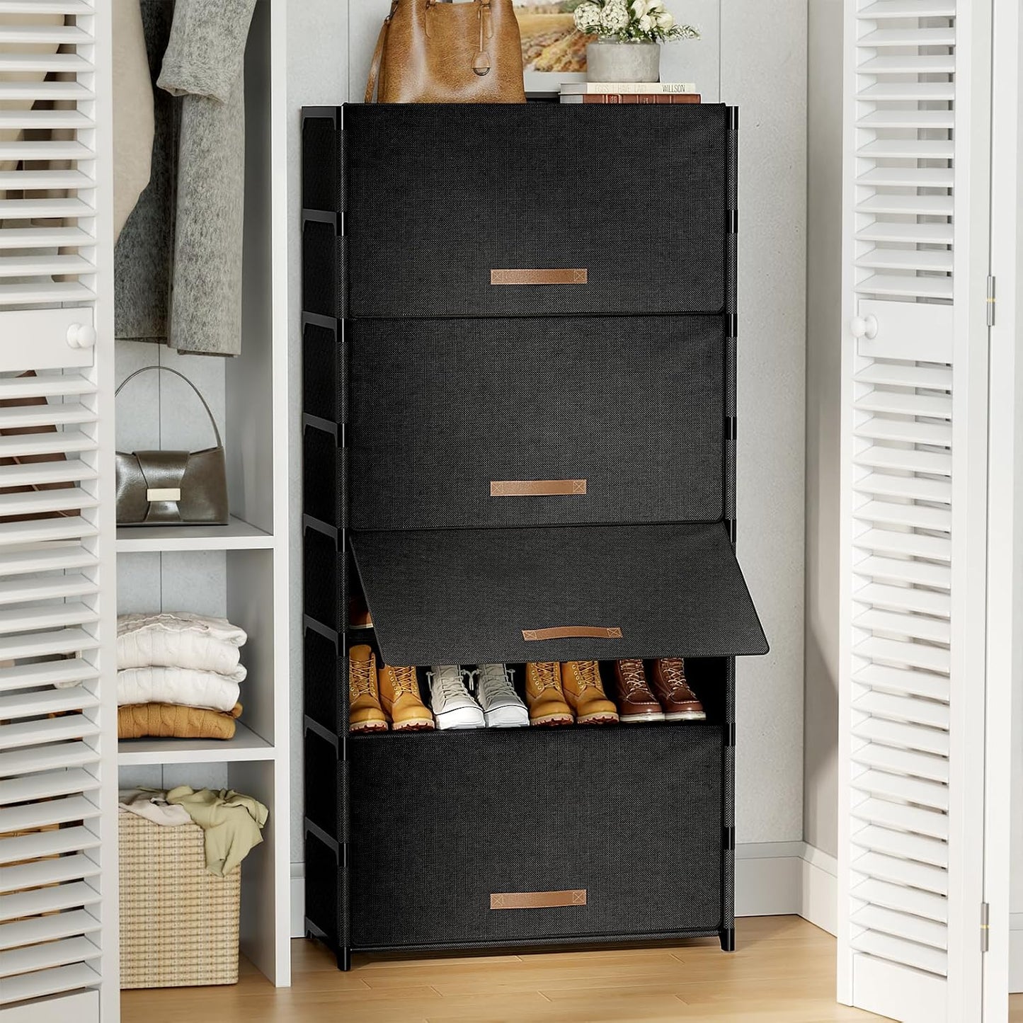 Shoe Rack, 5 Tier Shoe Storage Cabinet with Door 20 Pair Plastic Shoe Shelves Organizer for Closet, Entryway, Hallway, Bedroom, Black