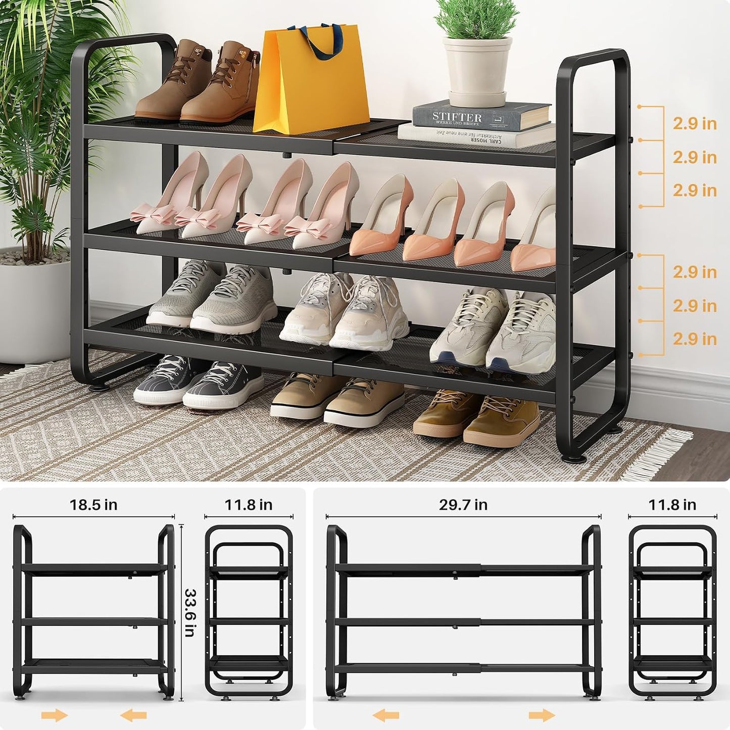 SNTD Shoe Rack - Expandable Shoe Organizer for Closet, Adjustable Metal Shoe Shelf Storage, Stackable Long Shoe Stand Holder for Garage, Entryway, Door Entrance (Black, 2-Tier)