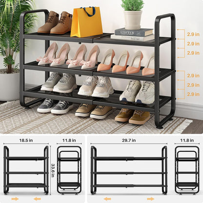 SNTD Shoe Rack - Expandable Shoe Organizer for Closet, Adjustable Metal Shoe Shelf Storage, Stackable Long Shoe Stand Holder for Garage, Entryway, Door Entrance (Black, 2-Tier)