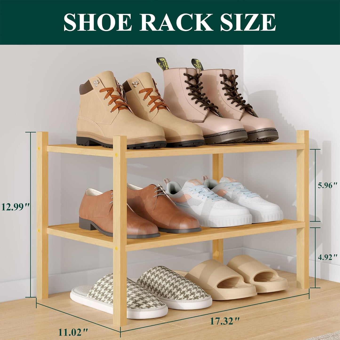 Smiry Bamboo Shoe Rack, 3 Tier Free Standing Wooden Shoe Organizer, Stackable Wood Shoe Storage Shelf for Closet, Entryway, 5 Horizontal Slats, 26.8"x11"x18.3", Natural