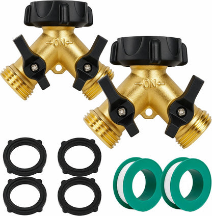 Hourleey Brass Garden Hose Splitter 2 Way, 3/4 Inch Hose Connector Tap Splitter, Hose Y Splitter, Hose Spigot Adapter 2 Valves with Extra Rubber Washers