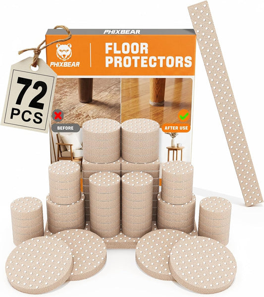 72 PCS Felt Furniture Pads, 0.2 Inch Thick Self Adhesive Furniture Floor Protectors, Round and Rectangle Felt Pads for Chair Legs, Furniture Leg Protectors for Hardwood Floors, Anti Scratch, Beige