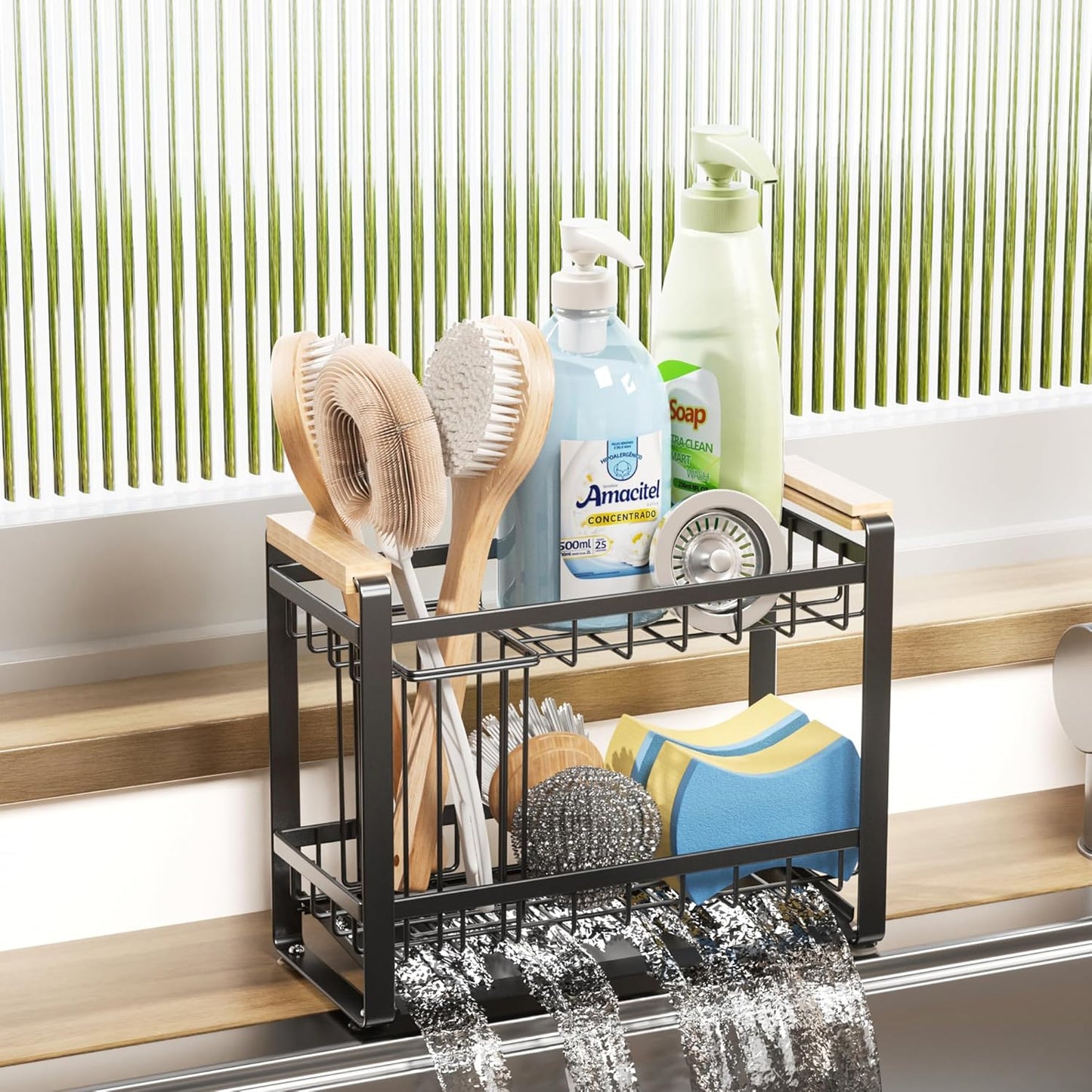 Sink Caddy Organizer with Wooden Handle & Self-Draining Tray, Trapezoid Kitchen Sponge Holder with Non-Slip Suction Cups , Organizer for Sponge, Brush, Soap Dispenser for Sink and Bathroom Countertop