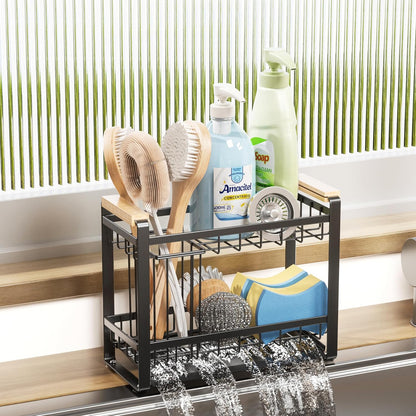 Sink Caddy Organizer with Wooden Handle & Self-Draining Tray, Trapezoid Kitchen Sponge Holder with Non-Slip Suction Cups , Organizer for Sponge, Brush, Soap Dispenser for Sink and Bathroom Countertop