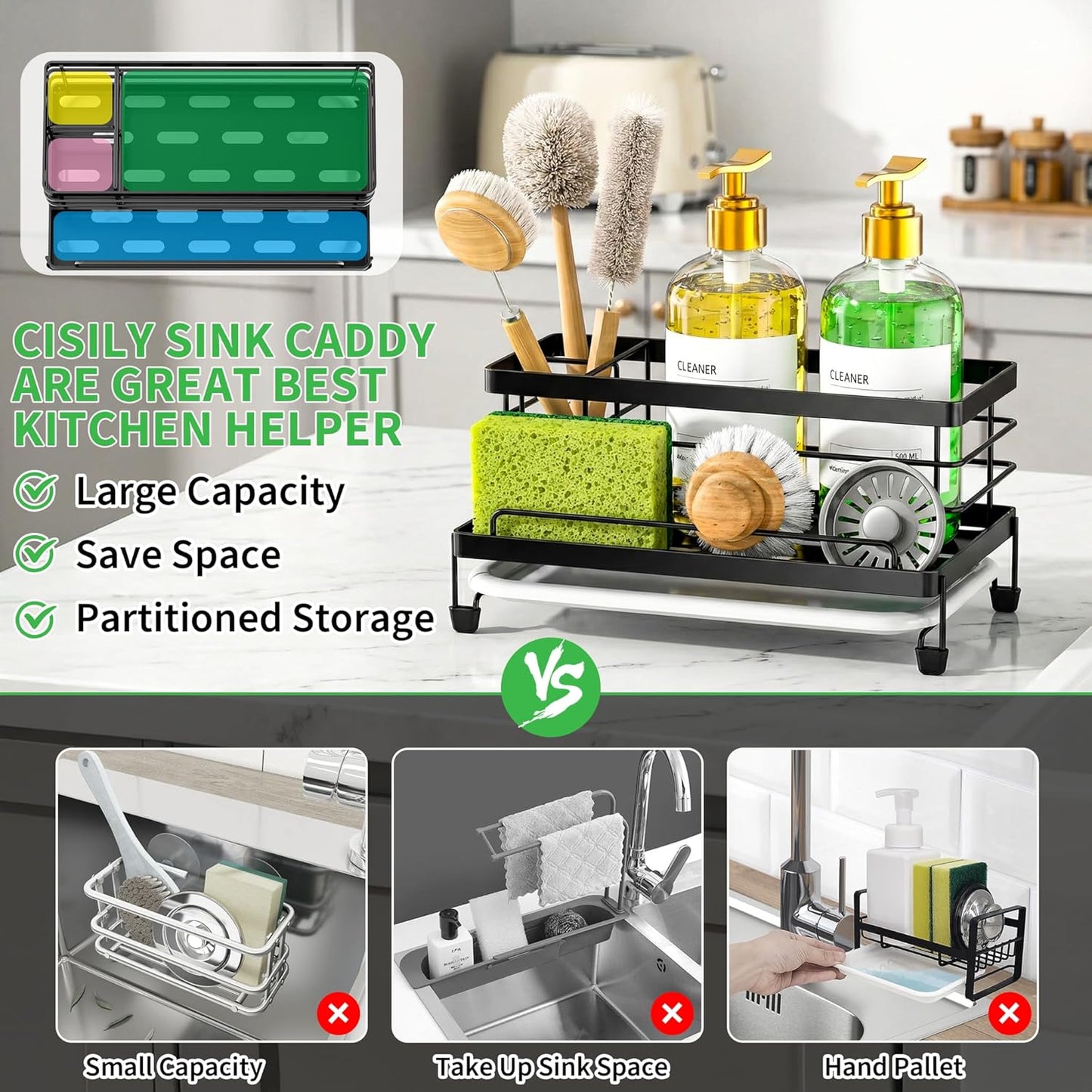 Cisily Stainless Steel Sponge Holder for Kitchen, Sink Caddy Sink Organizer Rack for Kitchen Accessories with Drip Tray, Rustproof and Non-slip, Dish Soap Dispenser Countertop Organizer