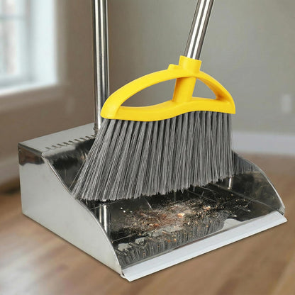Stainless Steel Dustpan with Outdoor Stiff Bristles Broom,Long Handle Metal Dust Pan and Heavy Duty Broom for Home,Lobby,Office