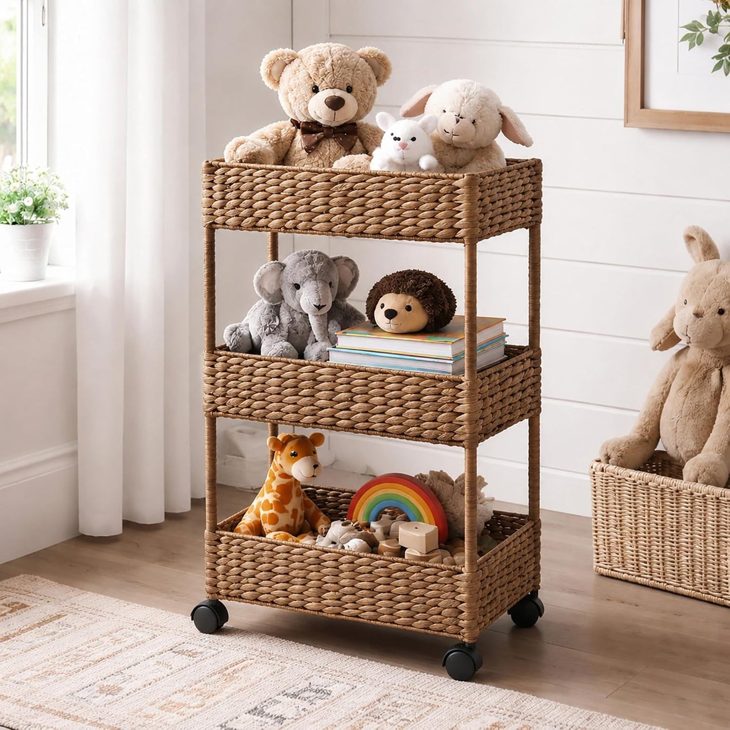 Casafield 3-Tier Rolling Storage Cart - Natural, Water Hyacinth Nursery Caddy, Utility Cart for Bathroom, Craft Room, Laundry Room Organization