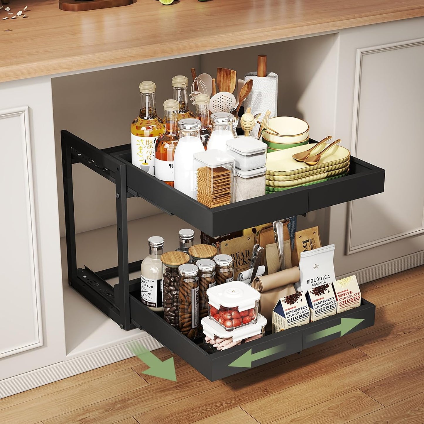 Abalter Expandable Pull Out Cabinet Organizer, 2-Tier Slide Out Drawer for Kitchen Cabinets, Adjustable Width 12–18.5", Slide Out Shelves for Kitchen, Bathroom, Pantry, Heavy Duty Caddy(White)