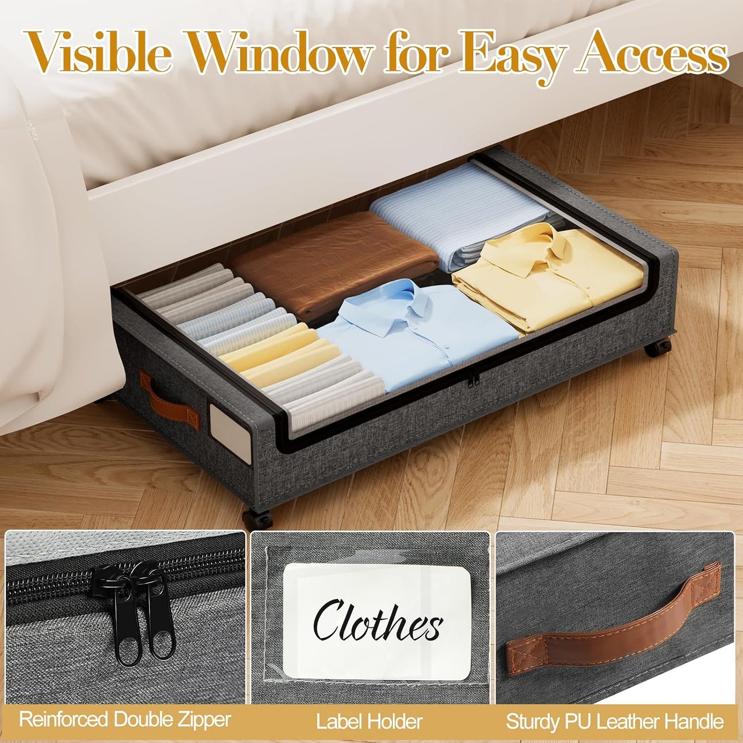 Yecaye Under Bed Storage with Wheels, 2 Pack Under the Bed Storage Containers with Lids & Label, XXL 60L Rolling Underbed Storage Drawers for Clothes, Blankets, Shoes, Black